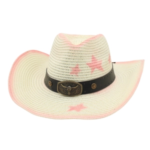 Detail of western straw hat featuring a bull head buckle and pink star patterns