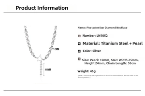 Detailed view of titanium steel star pendant with diamond insets and pearl chain