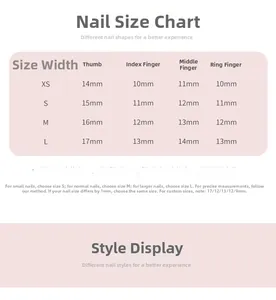 Detailed size guide for handmade press-on nails showing XS to L width measurements in mm