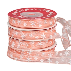 Stack of 4 rolls of peach semi-transparent Christmas ribbon with white snowflake patterns