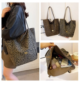 Detailed views of leopard print tote bag showing capacity and stylish shoulder carry look