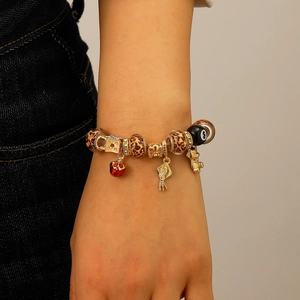 Leopard print star bear beaded bracelet with red apple and gold palm charms for women