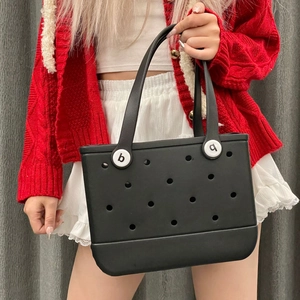 Detail of waterproof black EVA beach tote with signature holes and white round fasteners