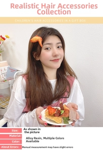 Close-up of funny realistic BBQ food hair clips on a female model for playful styling