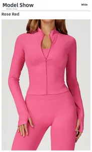 Close-up of rose red yoga jacket showing stand collar and moisture-wicking fabric