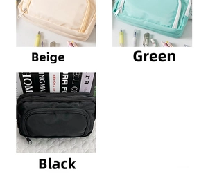 Detailed view of beige, green, and black pencil cases with metal zippers and pockets