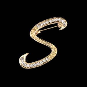 Golden alloy letter S brooch pin with sparkling crystal rhinestones for women