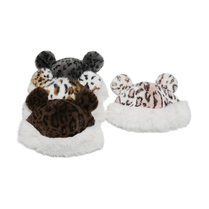 Detail of plush leopard print faux fur hats with cute animal ears in multiple colors