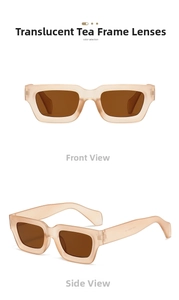 Detail view of retro square matte tea sunglasses with thick frames from front and side angles