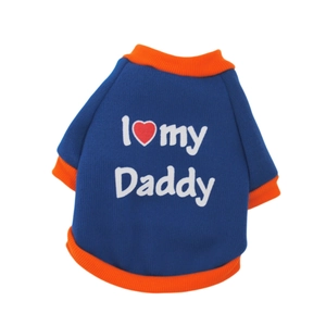 Detail of royal blue dog sweatshirt with orange trim and I Love my Daddy print
