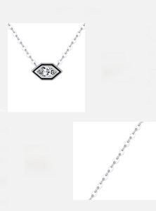 Detailed view of S925 sterling silver hexagonal necklace with black enamel and opal inlay