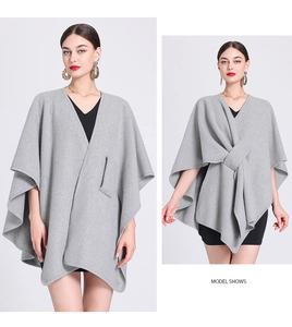 Dual-view display of a grey knit poncho wrap showing open and front-knotted styling options
