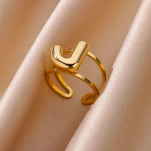 Detail of 18K gold-plated bubble letter J ring with adjustable double-band design