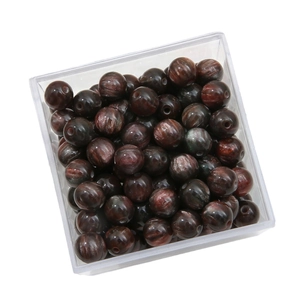 Deep reddish-brown resin gold luster round beads in a clear plastic organizer box