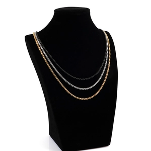 Unisex stainless steel square pearl box chain necklaces in gold, silver and black
