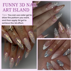 Macro view of 3D embossed nail art featuring pearlescent textures and metallic accents