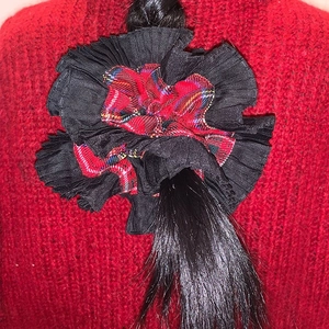 Handmade oversized double-layer plaid pleated scrunchie hair tie on black ponytail