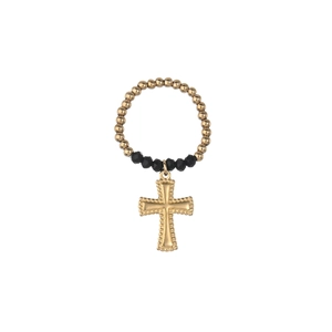Golden elastic bead ring featuring a cross pendant and black faceted accent stones