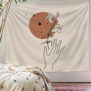 Minimalist Morandi wall tapestry featuring bohemian line art of hands and floral moon