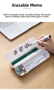 Close-up of white plastic pencil box with erasable whiteboard lid and compartment storage