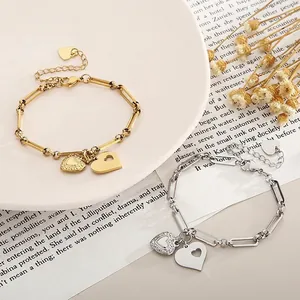 Stainless Steel Heart Pendant Bracelet For Women Fashion Paperclip Chain Double Heart Charms Adjustable Jewelry