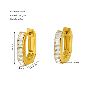 Detail view of 18K gold plated stainless steel hoop earrings with rectangle zircon
