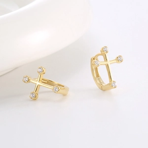 Minimalist S925 sterling silver cross earrings plated in 14K gold with cubic zirconia