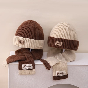 Children Winter Knitted Hat And Scarf Color Block Ribbed Woolen Yarn Warm Beanie Neck Warmer For Boys Girls