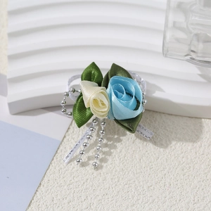 Exquisite handmade ribbon tulip brooch with blue and yellow flowers and silver beads