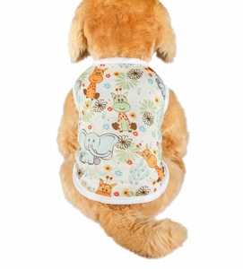 Detail of breathable mesh pet vest featuring colorful cartoon animal patterns on toy dog