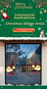 Detail of red and gold Christmas ball window stickers with UV printed Merry Christmas text