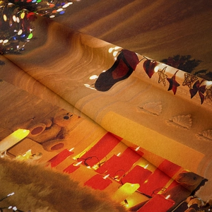 Detail of Christmas tapestry fabric showing teddy bear print and soft velvet texture