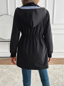 Elegant women's black long hooded windbreaker with drawstring waist and stripe lining