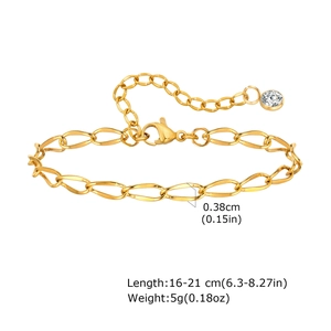 Detail showing gold stainless steel chain length 16-21cm with lobster clasp and weight specs