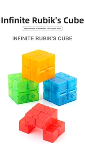 Detailed view of four colorful translucent infinite cubes for stress relief and focus