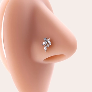 20G titanium steel nose stud featuring a leaf-shaped sparkling zircon design on nose model