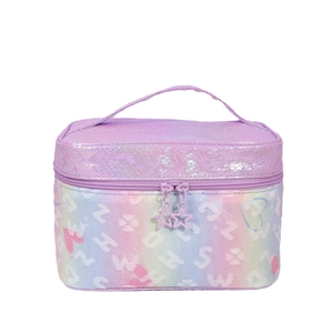 Large purple snakeskin vanity case with gradient rainbow heart patterns and star zipper