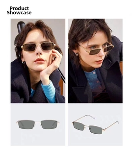 Collage de gafas de sol cuadradas de metal con lentes oscuros en modelo y fondo blanco