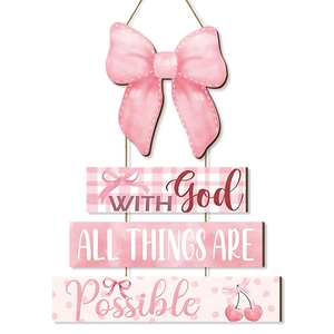 Pink bow and cherry wooden wall hanging sign with motivational quote for girl's bedroom