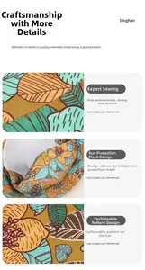 Detailed view of sun hat with foldable mask and floral pattern with fine stitching