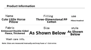 Specification chart for plush pony pillow featuring 3D PP cotton and embossed fleece
