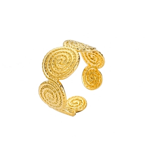 Macro detail of gold-plated open ring with artistic spiral textured vortex link design
