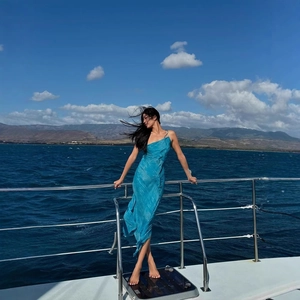 One Shoulder Chiffon Maxi Dress Slit Snake Print Lake Blue Sleeveless Sexy Vacation Long Gown For Women