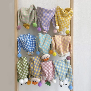 Kids Cotton Linen Triangle Scarf Plaid Pattern Baby Bib With Cute Cartoon Plush Ornament Pom-poms Soft Versatile Neck Warmer