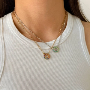 Stainless Steel Necklace Colorful Enamel Round Donut Pendant Asymmetric Paperclip Chain Sweet Jewelry For Women