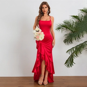 Robe Soirée Satin Femmes Volants Fendue Camisole Robe Maxi Élégante Fête Mariage Formelle Banquet