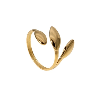 Minimalist adjustable gold leaf ring in stainless steel featuring a sleek nature design