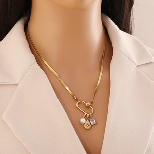 Stainless Steel Necklace Gold Plated Shell Conch Heart Pendant Artificial Pearl Zircon Snake Chain Detachable Rotatable Women Jewelry