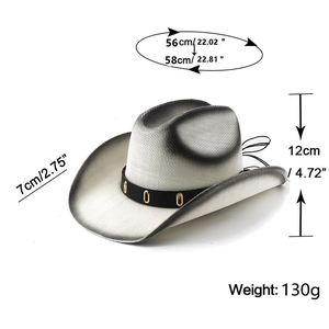 Chapeau de cowboy classique en paille avec dégradé gris et mesures de taille détaillées