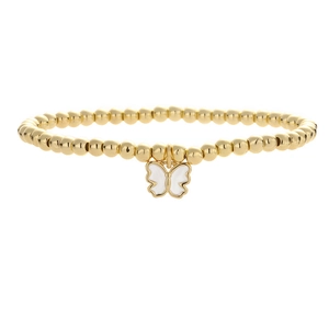 Beaded golden bracelet with a white butterfly pendant shown on a white background